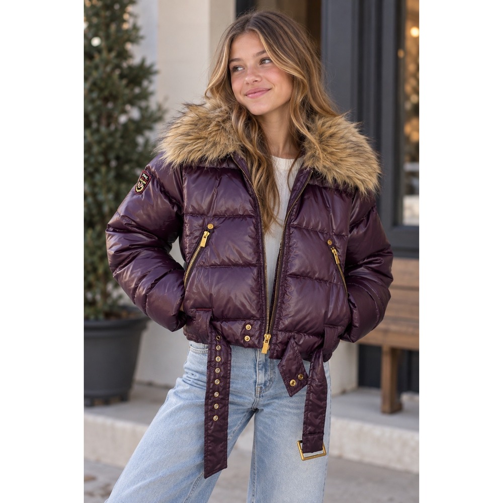 Triple F.A.T. Goose Kids Plum Purple Down Puffer Jacket Faux Fur Collar Small
